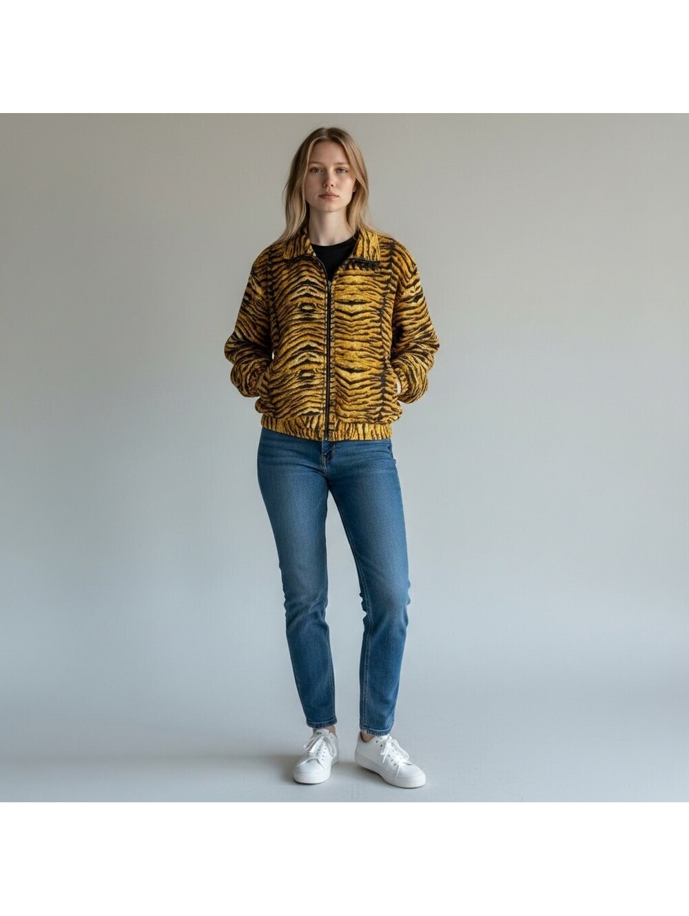 Unbranded Jacket Women M Medium Yellow Animal Print Full Zip Collared Silk